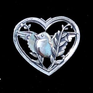 Vintage 1940's CORO Sterling Silver Bird In Heart Brooch